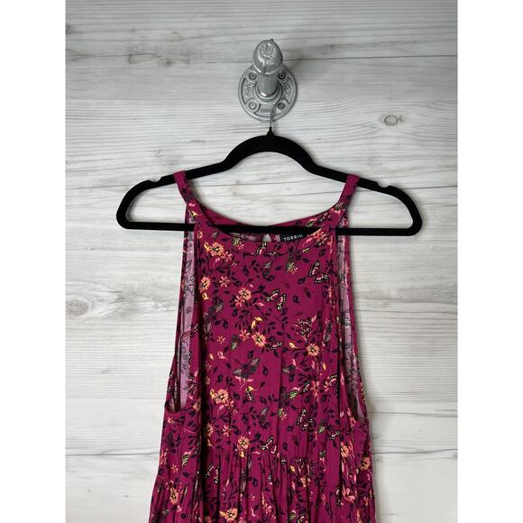 Torrid Dress Womens 1X Magenta Floral Butterfly Print Sleeveless Midi Rayon - Picture 2 of 10